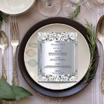 Mariage Menu argent métal blanc roses élégant<br><div class="desc">Une carte élégante et glamour pour le menu mariage. Rose aux couleur eau noir et blanc. Modèles pour vos noms, date et le menu mariage. Un cadre faux argenté et une fausse couleur arrière - plan à l'apparence métallique. Lettres de couleur noire. Dos : faux arrière - plan métallique à...</div>