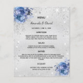 Mariage Menu bleu argenté floraux élégant (Devant)