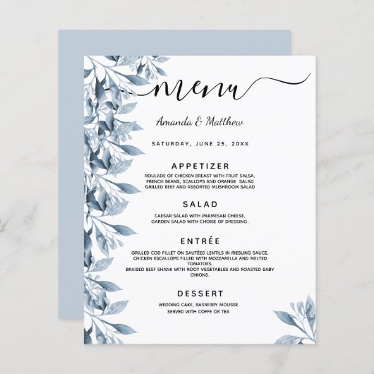 Mariage Menu bleu floral blanc (Devant / Derrière)