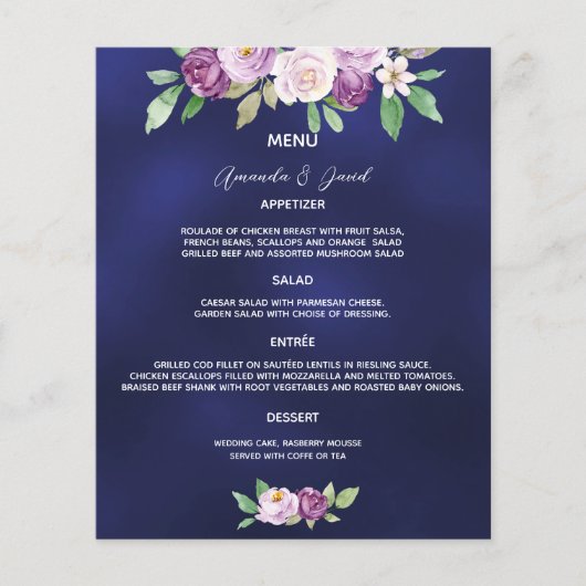 Mariage Menu bleu marine flûtes violet (Devant)