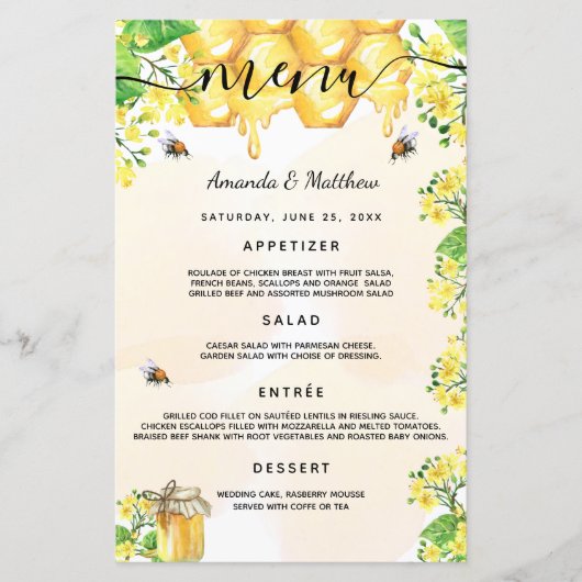 Mariage Menu bumble abeilles fleur de nid d'abeill (Devant)