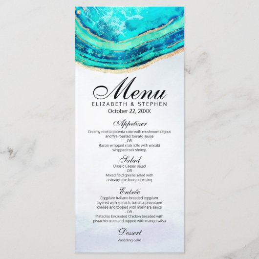 Mariage Menu Chic Aquarelle Turquoise Gold Agate G (Devant)