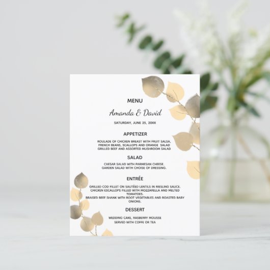 Mariage Menu eucalyptus or botanique (Debout devant)