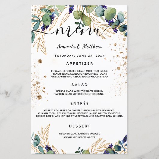 Mariage Menu eucalyptus verdure parties scintillan (Devant)