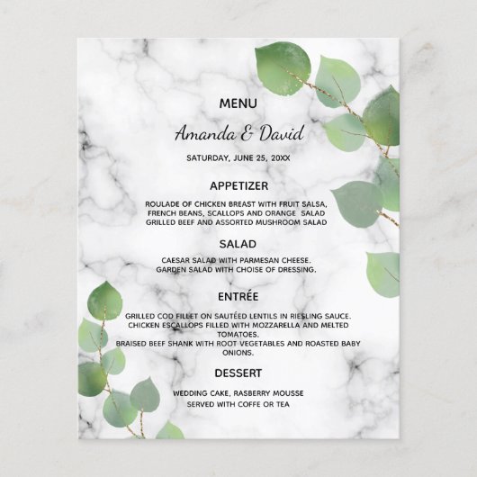 Mariage Menu eucalyptus vert marbre botanique (Devant)