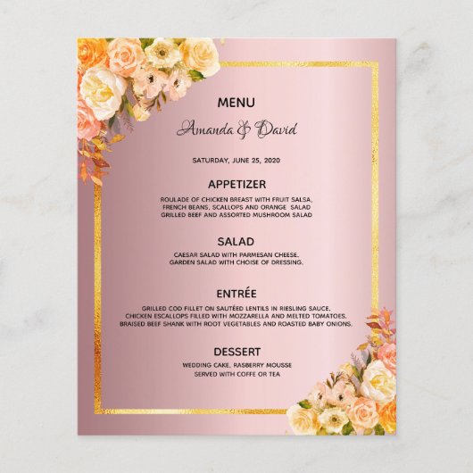 Mariage Menu fleurons roses rose glam poussiéreux  (Devant)