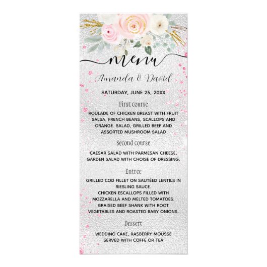 Mariage Menu flor rose argent (Devant)
