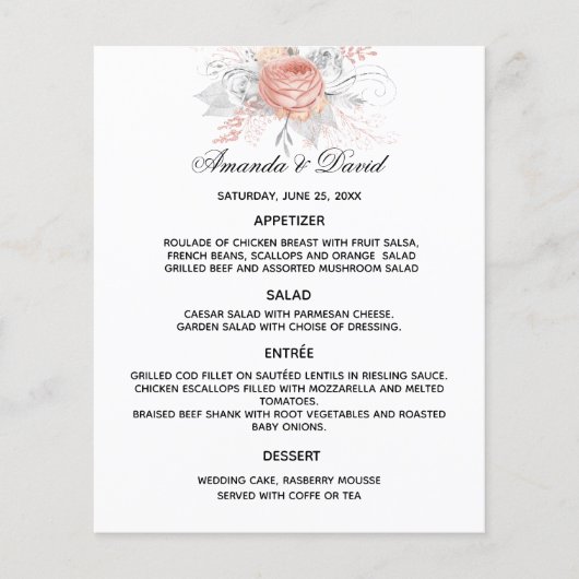Mariage Menu Floral or rose blanc (Devant)