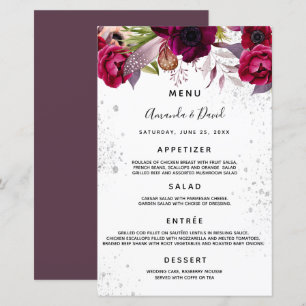 Mariage Menu floraux blanc bordeaux violet parties