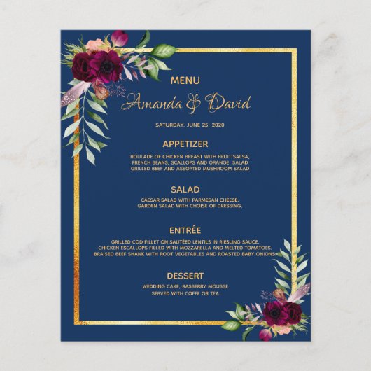 Mariage Menu floraux bleu marine bordeaux (Devant)