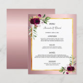 Mariage Menu floraux bordeaux duvet rose élégant (Devant / Derrière)