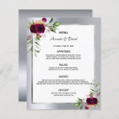 Mariage Menu flores bordeaux argent élégant (Devant / Derrière)