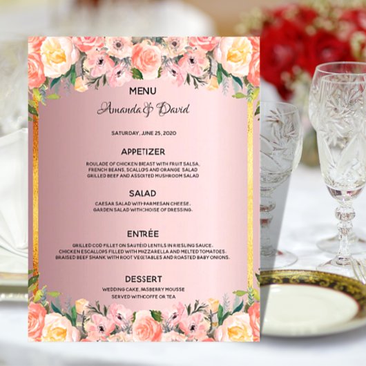 Mariage Menu flores roses poussiéreuses rose or él