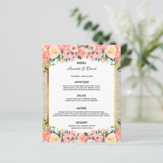 Mariage Menu flûte rose burlap Rustique (Debout devant)