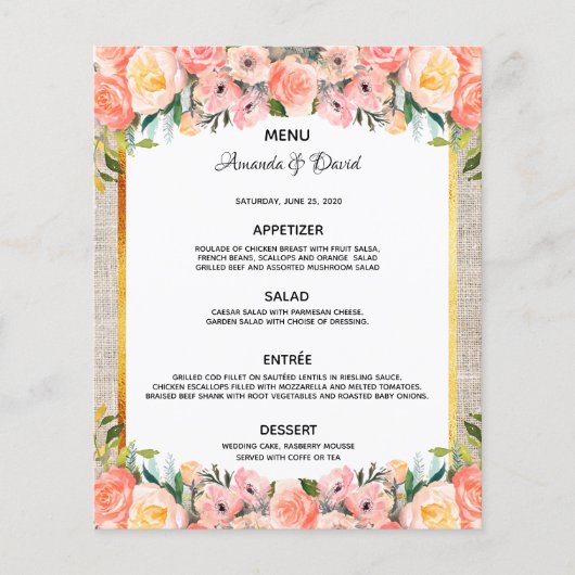 Mariage Menu flûte rose burlap Rustique (Devant)