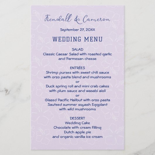 Mariage Menu Modèle Tropical Hibiscus Lavender (Devant)