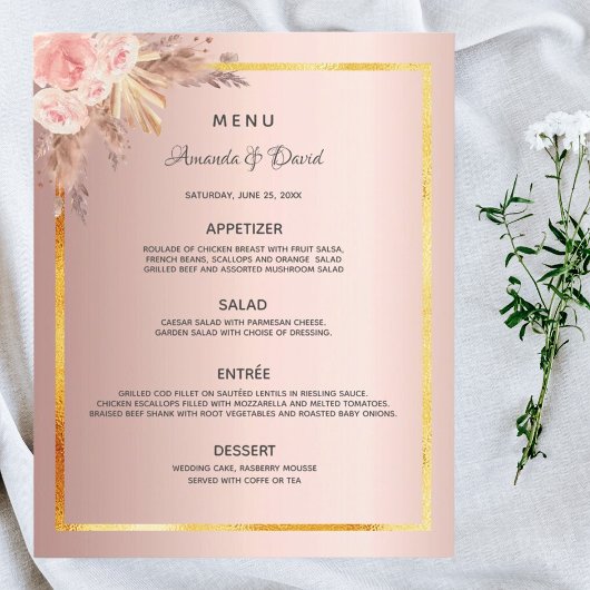 Mariage Menu pampas herbe rose or floral