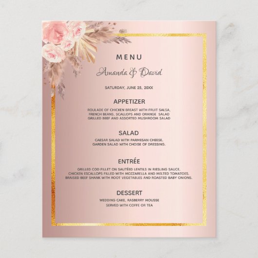 Mariage Menu pampas herbe rose or floral (Devant)