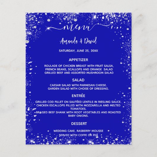 Mariage Menu parties scintillant bleu royal argent (Devant)