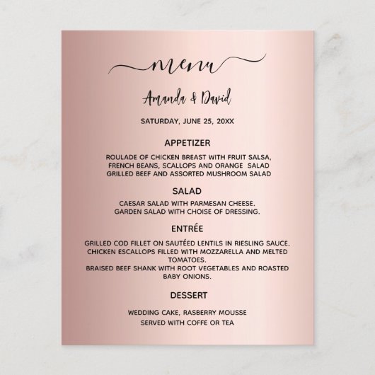 Mariage Menu rose or élégant (Devant)