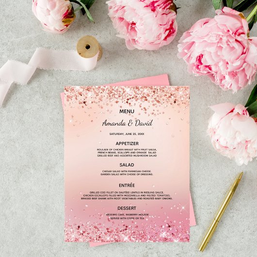 Mariage Menu rose or rose parties scintillant pous