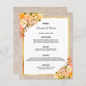 Mariage Menu Rustique burlap or florales (Devant / Derrière)