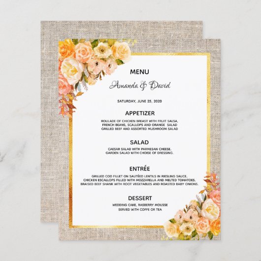 Mariage Menu Rustique burlap or florales (Devant / Derrière)