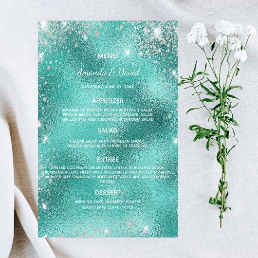 Mariage Menu turquoise mer vert parties scintillan