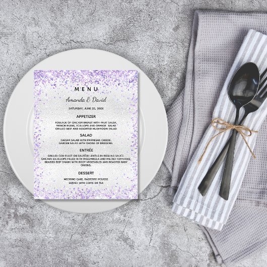 Mariage Menu violet argenté lavande