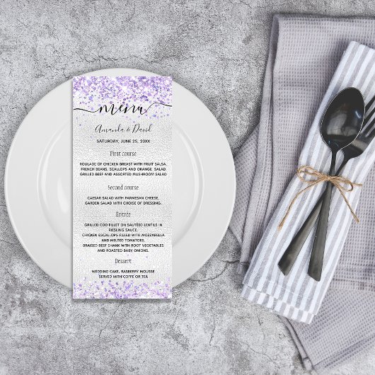 Mariage Menu violet argenté parties scintillant