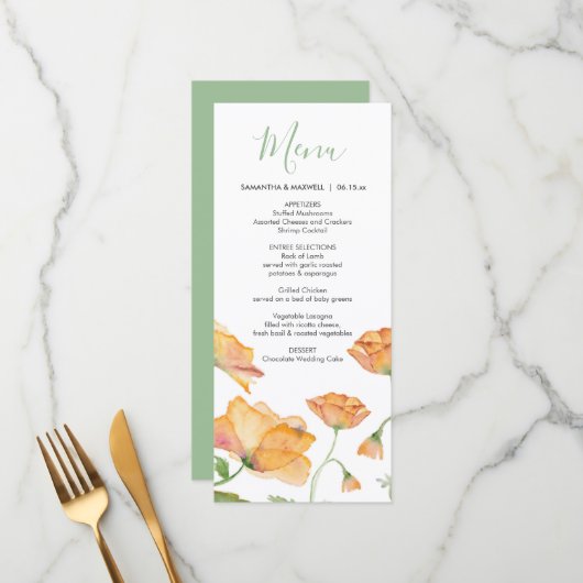 Mariage Menus Aquarelle Orange Florales (Devant/Arrière en situation)