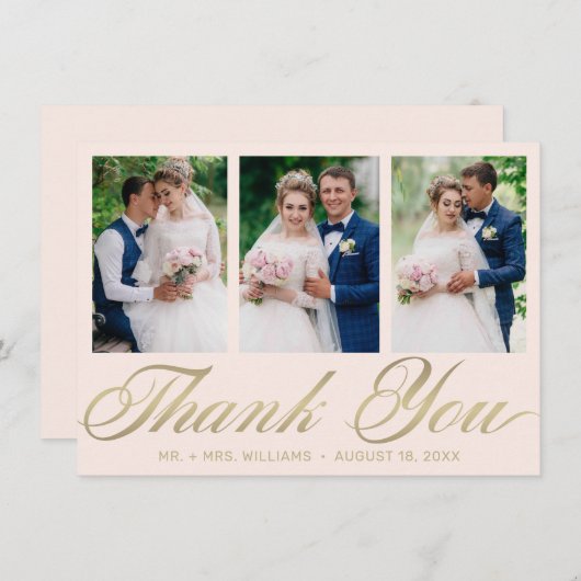 Mariage Merci 3 Photo Collage Bleu Or (Devant / Derrière)