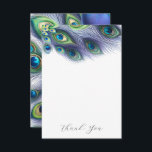Mariage Merci Cartes Majestic Peacock<br><div class="desc">Express votre gratitude sincère avec nos cartes de remerciements mariages, décorées d'une bordure supérieure captivante de plumes de paon dans des tons rayonnants de bleu royal, vert et violet. Le message "Merci", écrit avec élégance, apporte une touche personnelle et tendance. Retournez la carte pour découvrir une charmante continuation d'un paon...</div>