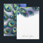 Mariage Merci Cartes Majestic Peacock<br><div class="desc">Express votre gratitude sincère avec nos cartes de remerciements mariages, décorées d'une bordure supérieure captivante de plumes de paon dans des tons rayonnants de bleu royal, vert et violet. Le message "Merci", écrit avec élégance, apporte une touche personnelle et tendance. Retournez la carte pour découvrir une charmante continuation d'un paon...</div>