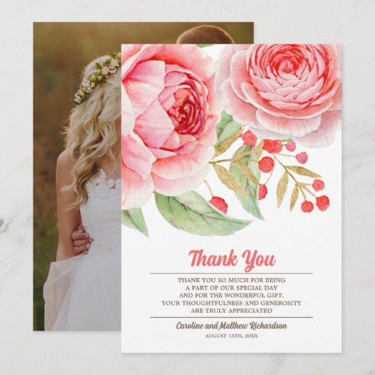 Mariage Merci de Carte photo Floral Aquarelle (Devant / Derrière)