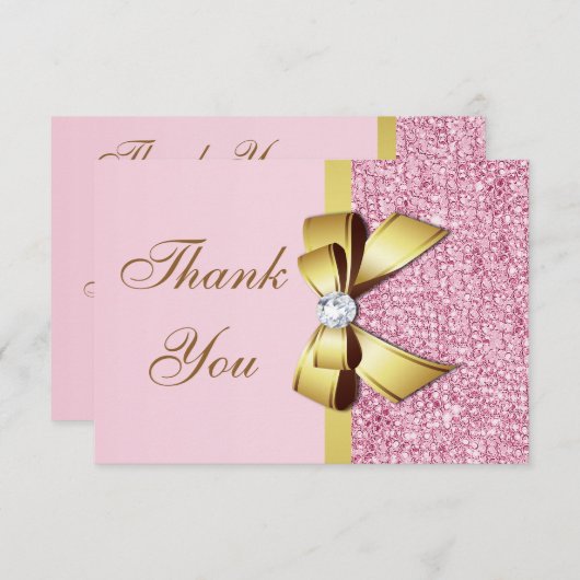 Mariage Merci Faux Pink Sequins Gold Bow (Devant / Derrière)
