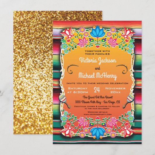 Mariage mexicain Rug et Faux Gold invitation (Devant / Derrière)