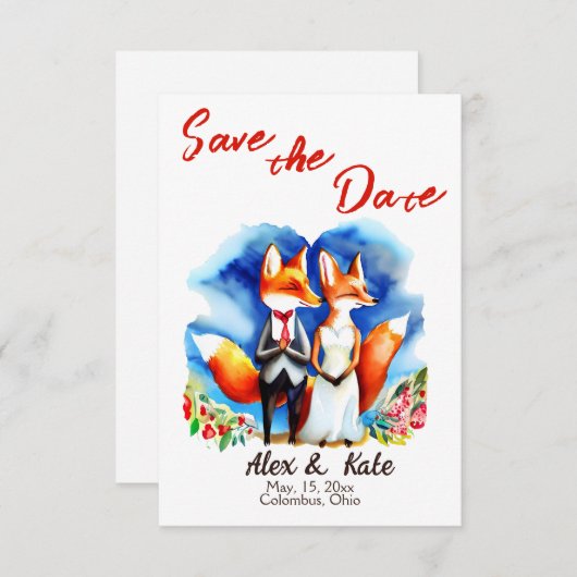 Mariage mignon Fox Couple Save the Date Faire-part (Devant / Derrière)