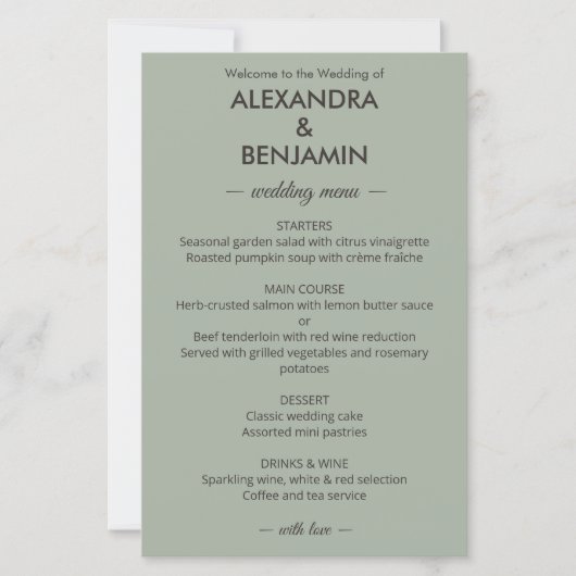 Mariage Minimaliste Moderne | Menu Vert Sauge (Devant)