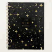 Mariage Moderne Céleste Lune Étoiles Noir & Or (Devant)