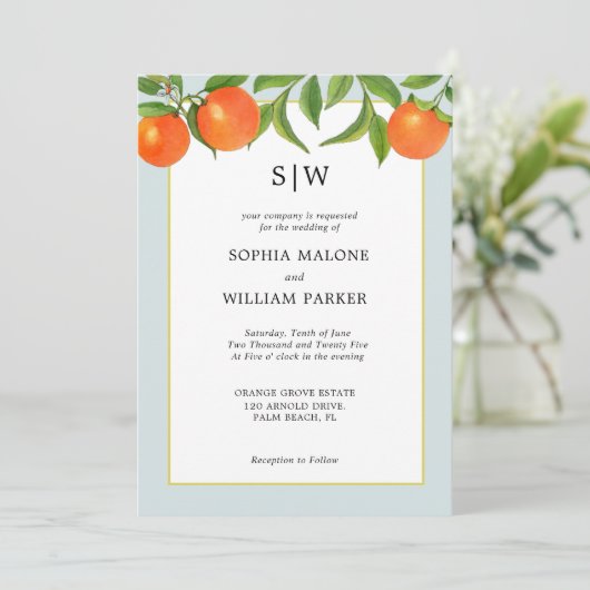 Mariage moderne Citrus avec Initiales Invitation (Debout devant)
