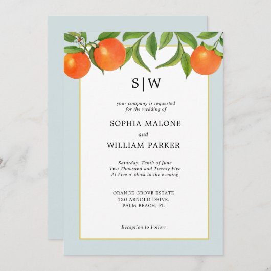 Mariage moderne Citrus avec Initiales Invitation (Devant / Derrière)