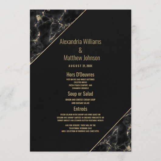 Mariage moderne en marbre noir élégant Menu (Devant)