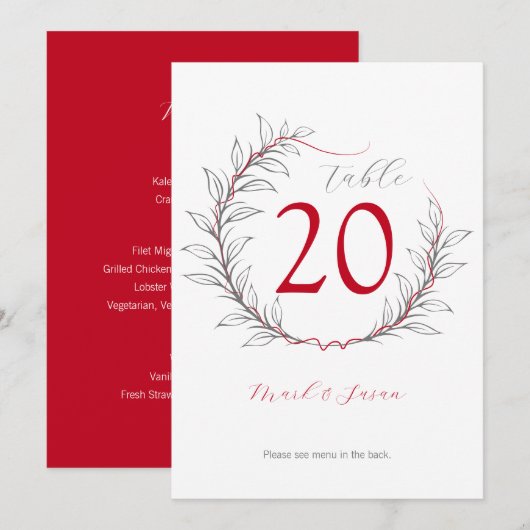 Mariage moderne Numéro de table et menu (rouge) (Devant / Derrière)