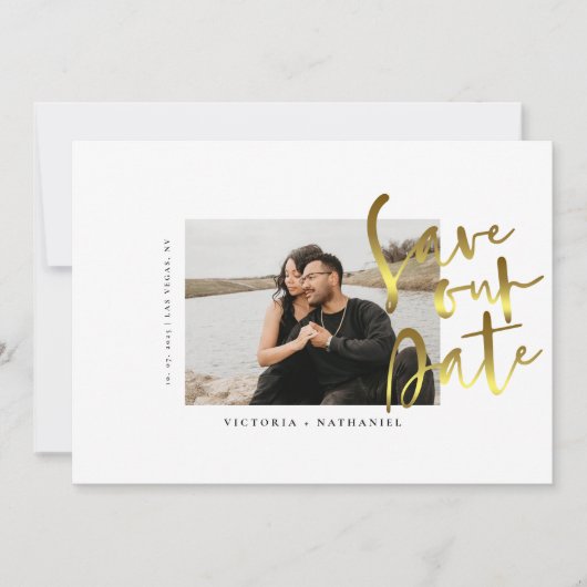 Mariage Moderne Photo Écriture Dorée Save The Date (Devant)