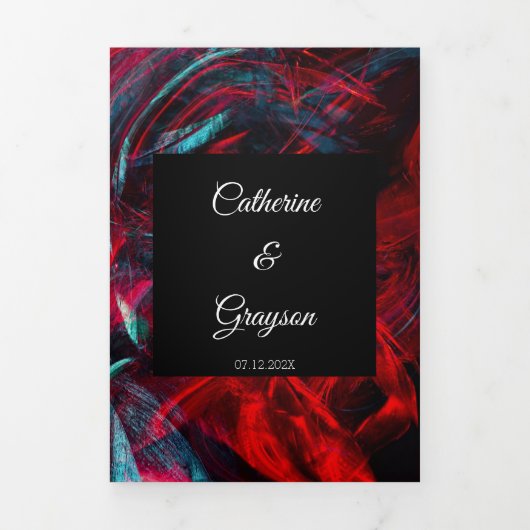 Mariage moderne rouge et noir triple invitation (Page de couverture)