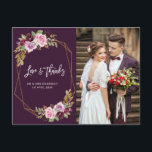 mariage moderne violet fleuri merci carte photo<br><div class="desc">fleurs aquarelle avec cadre géométrique,  script de brosse blanche et image des jeunes mariés,  se sentir libre de personnaliser les caractéristiques de cette carte.</div>