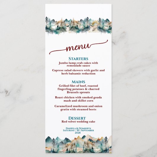 Mariage moderne Watercolor Mountain Menu 4 x 9 (Devant)