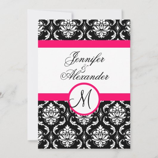Mariage Monogram Damask Hot Pink Invitation avant (Devant)
