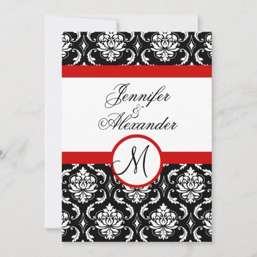 Mariage Monogram Red Damask Invitation Vue frontal (Devant)